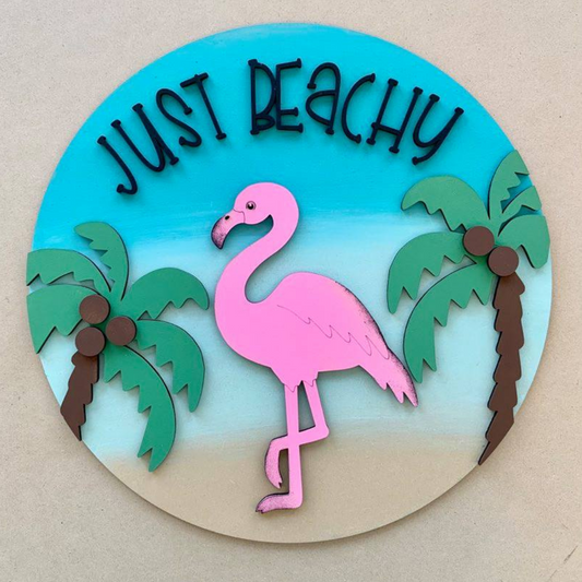 Just Beachy - flamingo & palms 3D round doorhanger
