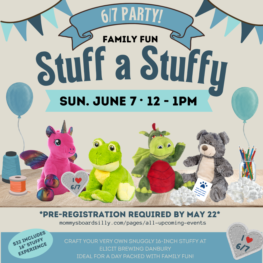 Family Fun event at elicit brewing danbury on 6/7/26 for kids to stuff a new stuffed animal and adopt their new best friend.