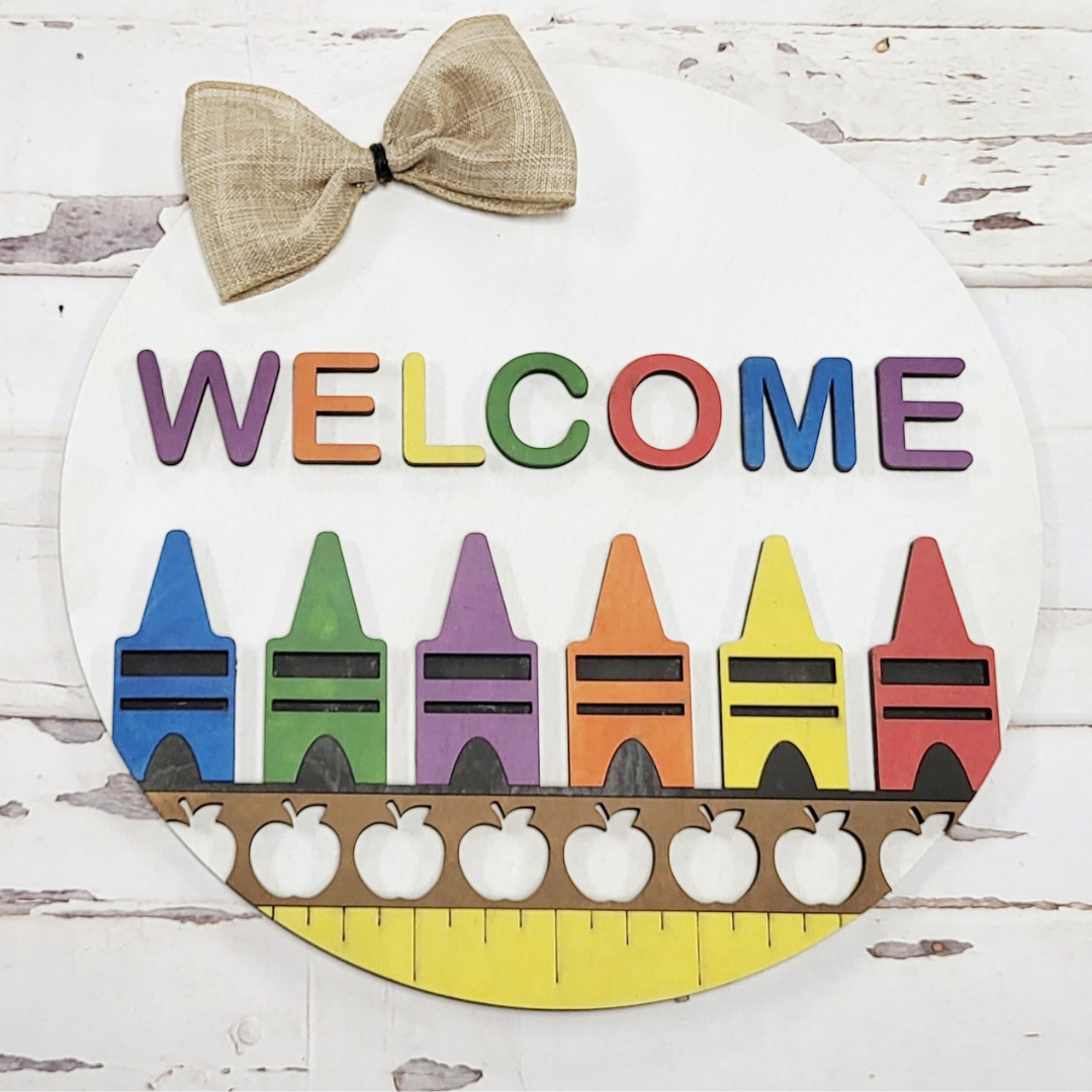 Welcome- Coloful crayons 3d round doorhanger