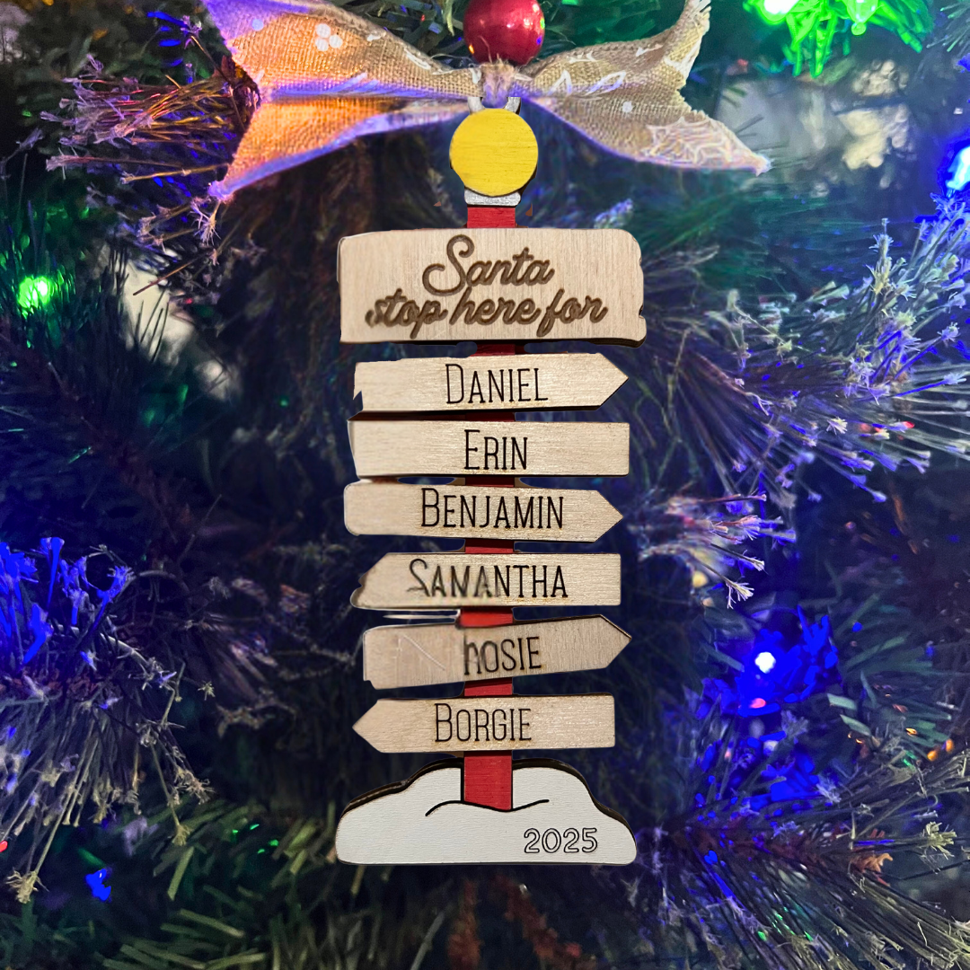 Personalized North Pole Lamp Post Ornament – Custom Directional Sign Christmas Ornament with Family Names & Year