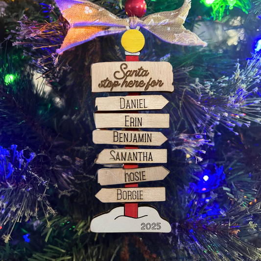 Personalized North Pole Lamp Post Ornament – Custom Directional Sign Christmas Ornament with Family Names & Year