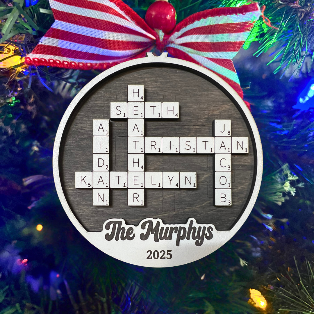 Personalized Crossword Puzzle Ornament – Custom Family Name Ornament with Engraved Names, Points & Year