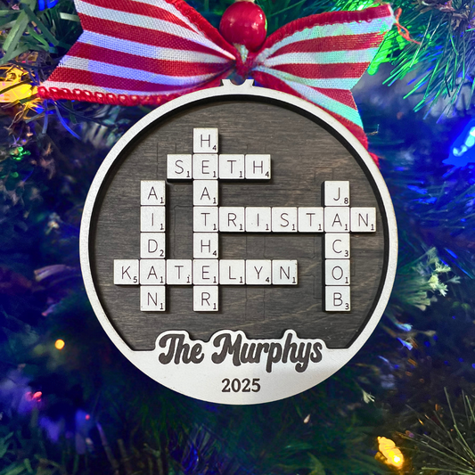 Personalized Crossword Puzzle Ornament – Custom Family Name Ornament with Engraved Names, Points & Year
