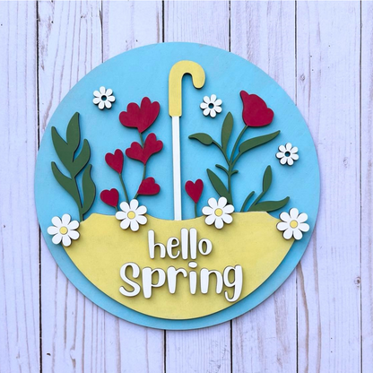 Hello Spring umbrella with flowers 3D round