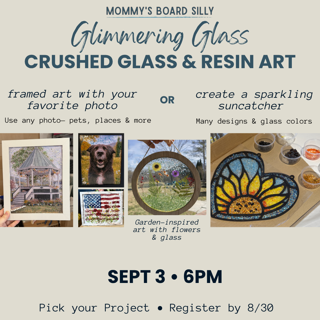 Advertisement for crushed glass and resin art project on Sept 3 at Aquila's Nest Vineyard with images of created art pieces.