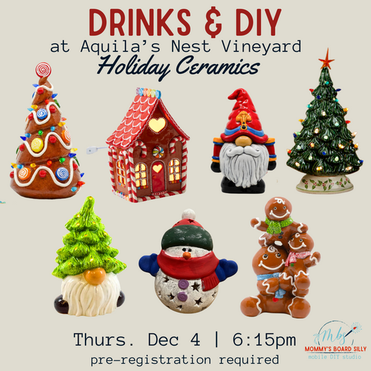 Promotional flyer for a holiday painting event featuring decorative ceramics at Aquila's Nest Vineyard.
