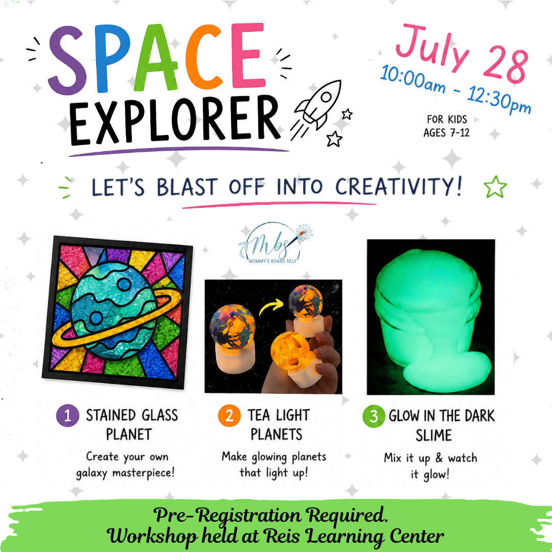 Advertisement for a 'Space Explorer' craft workshop with activities and registration details.