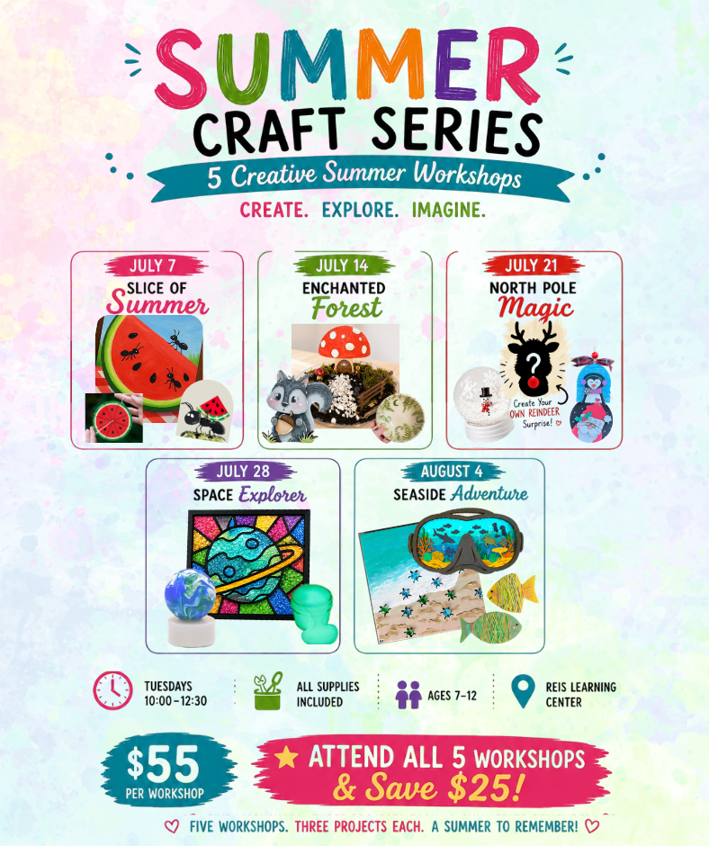 Summer craft series flyer with workshop details and promotional text on a colorful background.